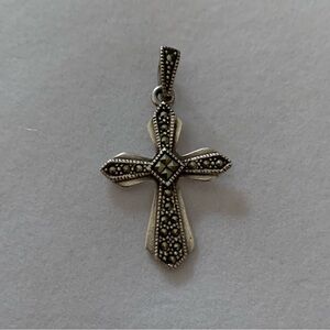 Vintage 925 Sterling Silver Pave Marcasites Cross Necklace Pendant Charm